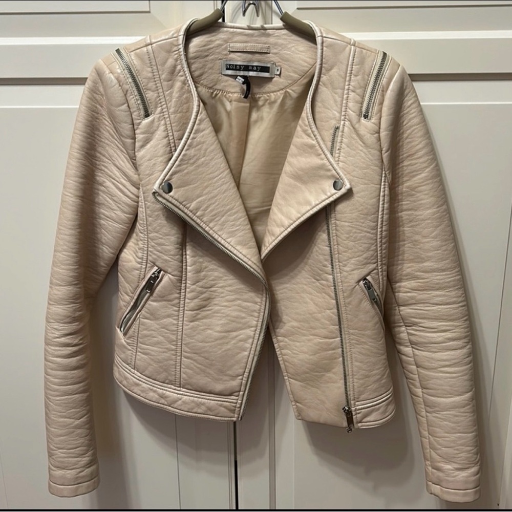 Noisy may Cream Leather Biker Jacket
